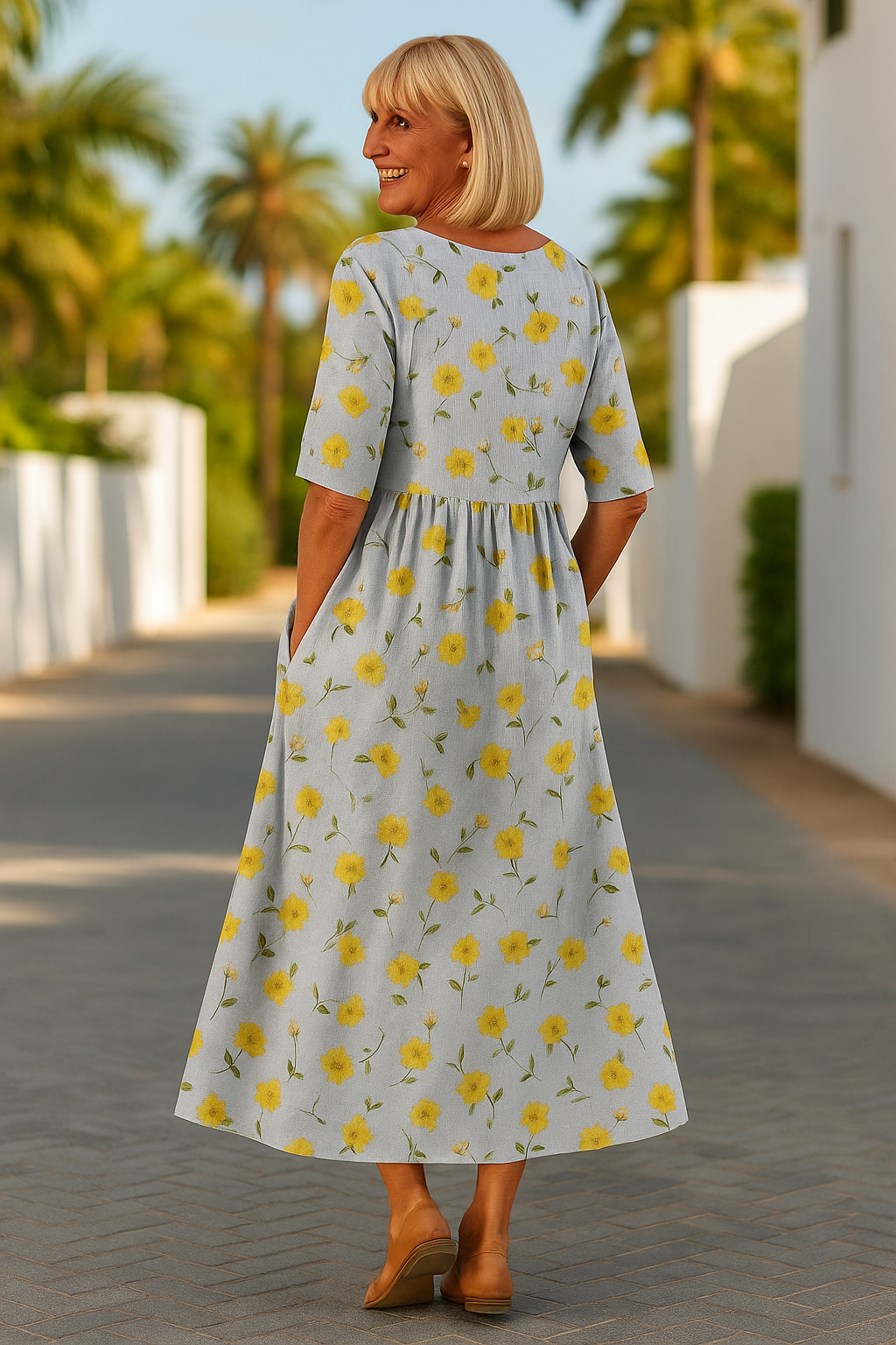 White midi dress with yellow flower print, short sleeves, gathered skirt