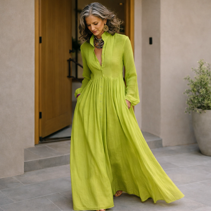 Green button-front maxi dress, long sleeves and full skirt with pleated gathers