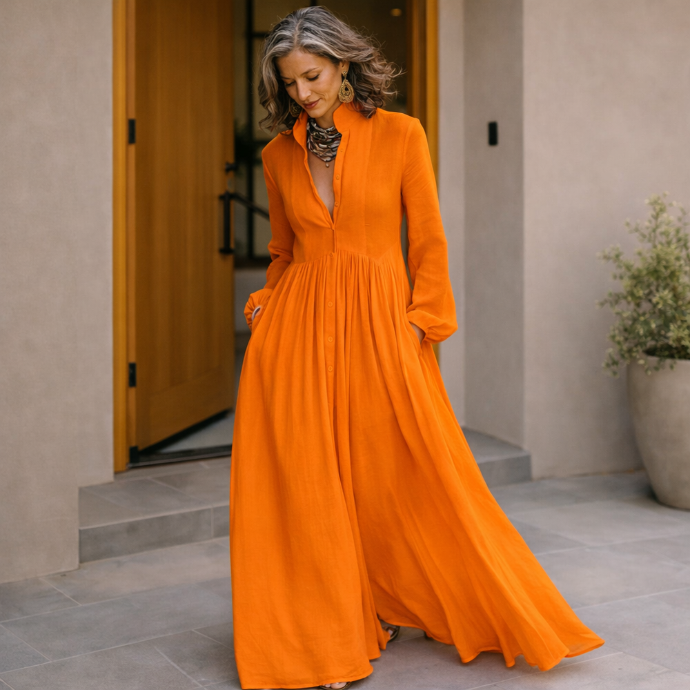 Orange button-front maxi dress, long sleeves, pleated gathered skirt