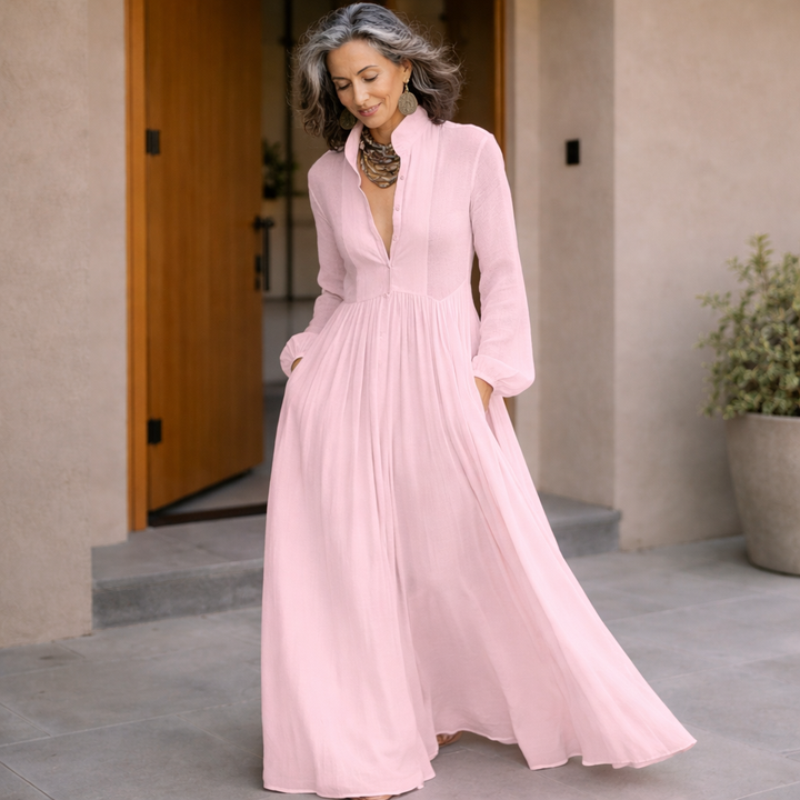 Pink button-front maxi dress, V-neck bodice with long sleeves