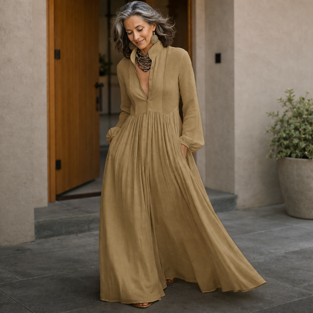 Brown button-front maxi dress with long sleeves and gathered, tiered skirt