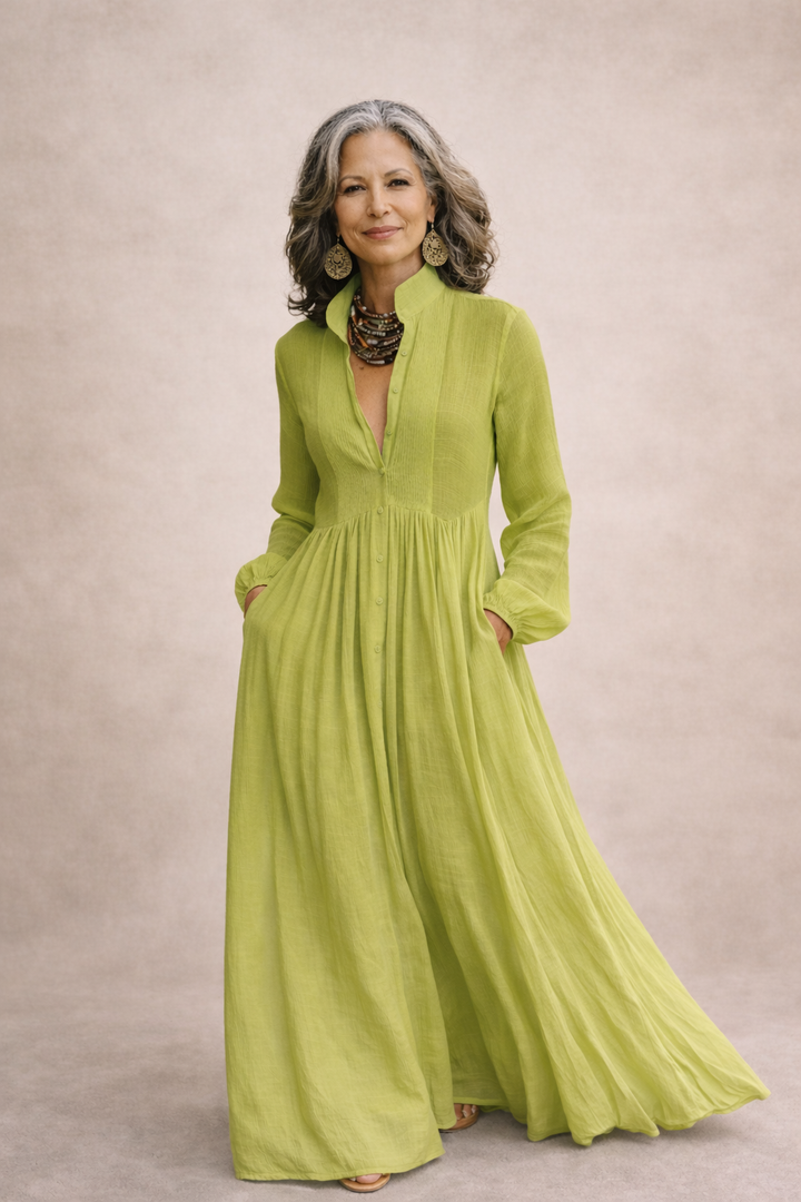 Green button-front maxi dress with V-neck, long sleeves, gathered waist