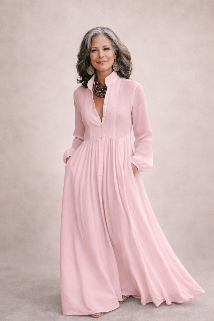 Pink button-front maxi dress with long sleeves and gathered waist
