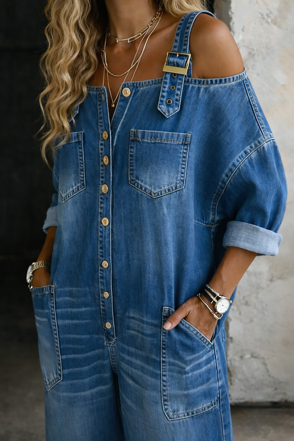 Women's Off Shoulder Denim Jumpsuit