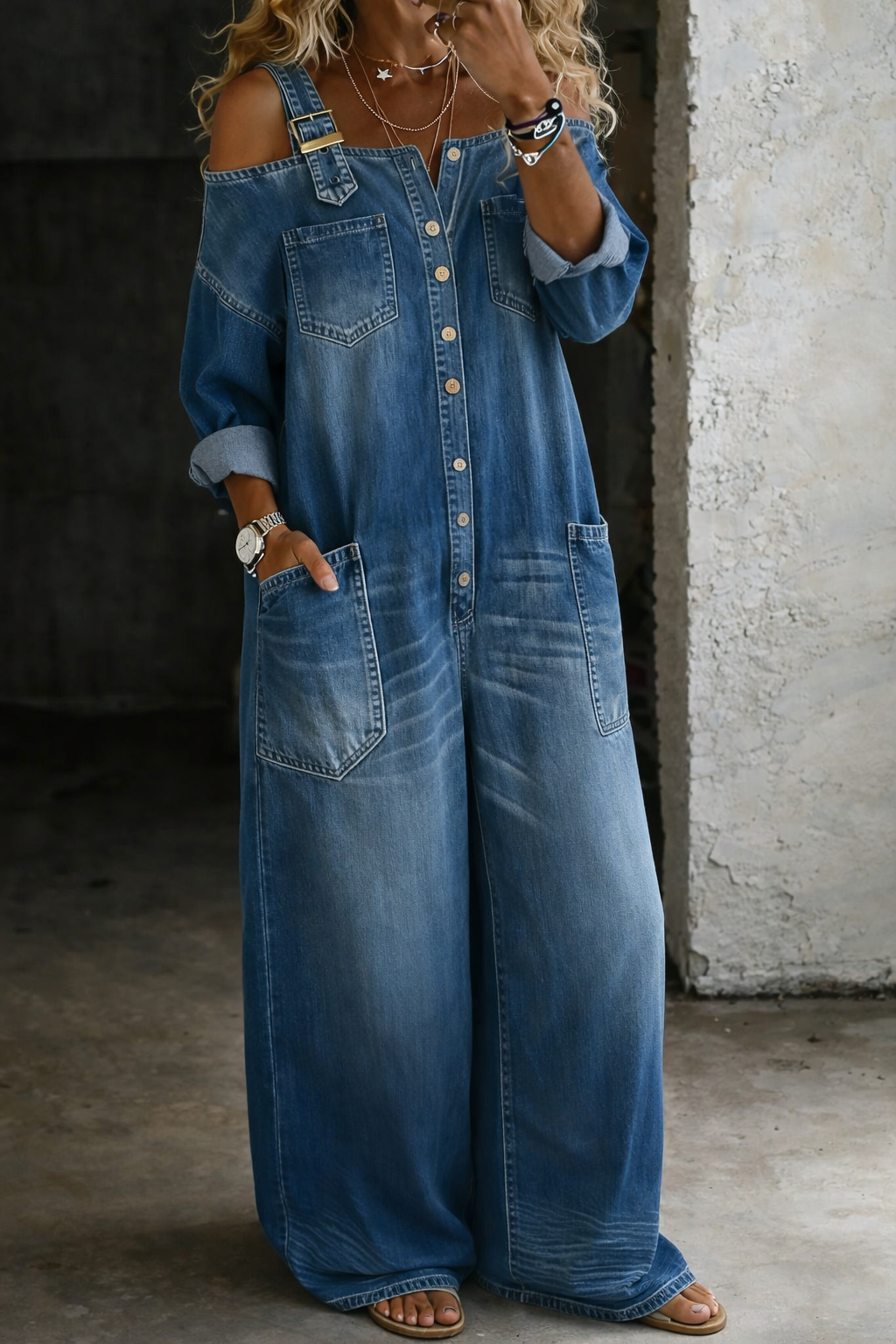 Women's Off Shoulder Denim Jumpsuit
