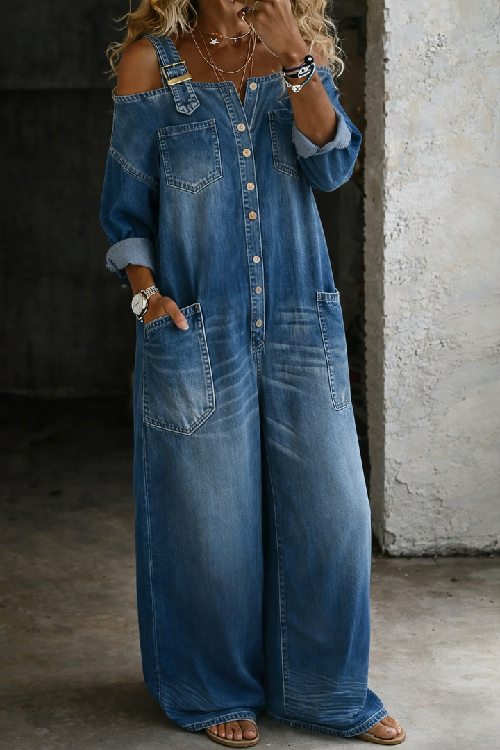 Women's Off Shoulder Denim Jumpsuit
