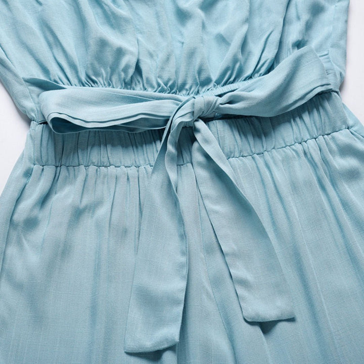 Light blue tie-waist detail with smocked waistband and fabric bow
