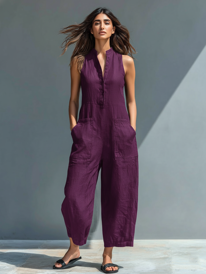 Purple linen-blend button jumpsuit, sleeveless V-neck with front pockets