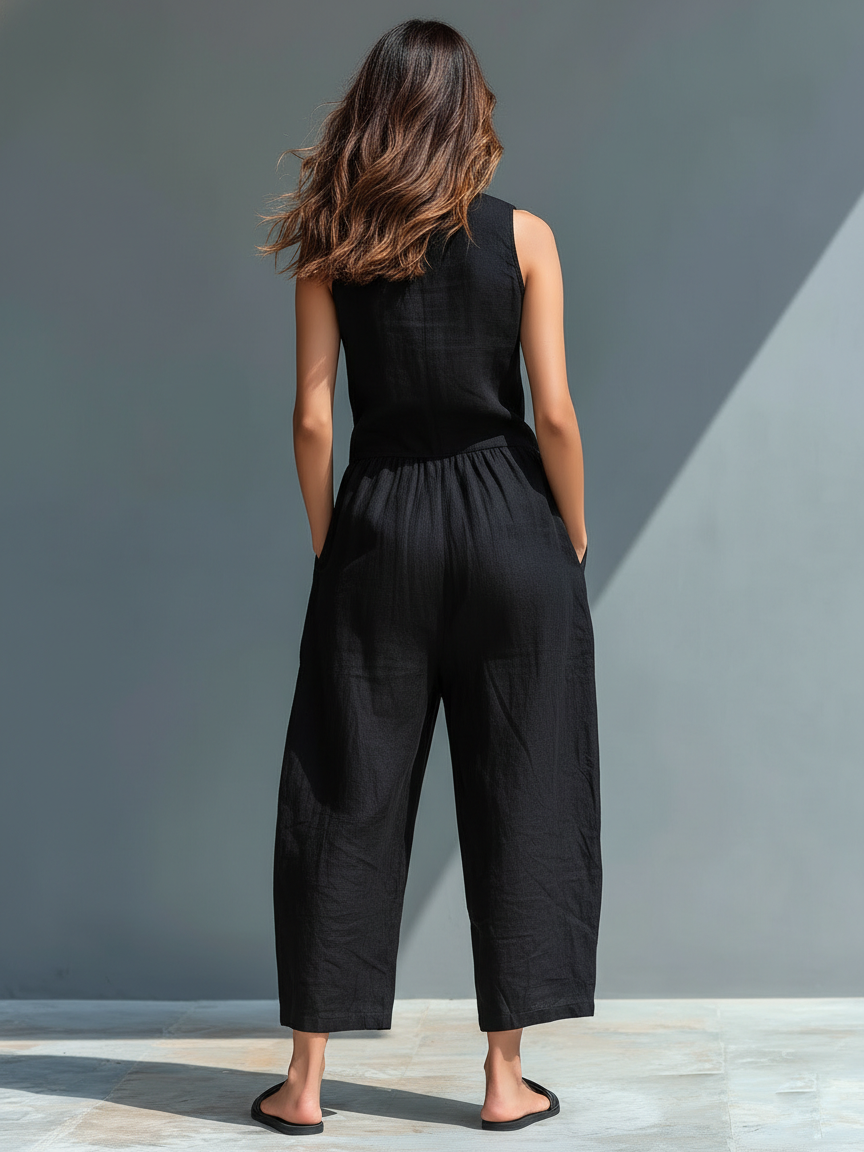 Black linen-blend button jumpsuit, back view with sleeveless halter shoulders