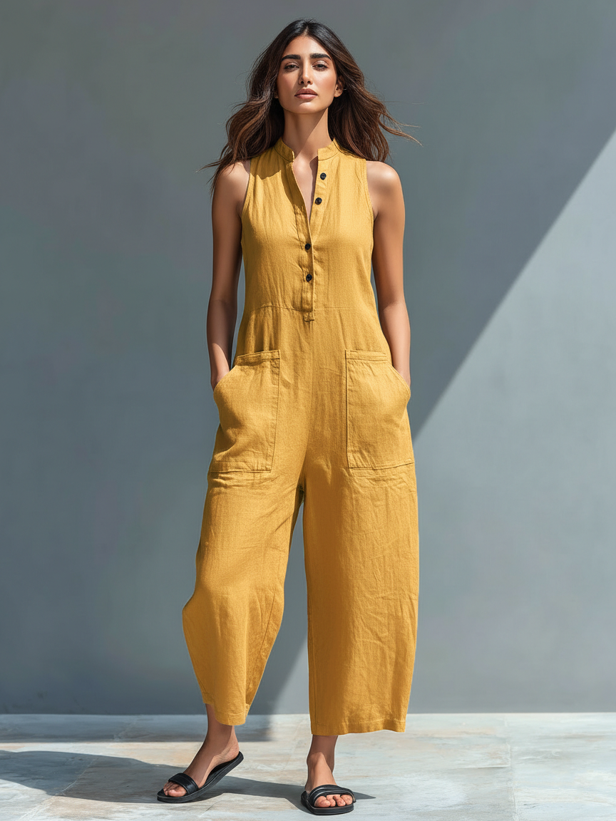 Yellow linen-blend button jumpsuit, sleeveless V-neck with front pockets