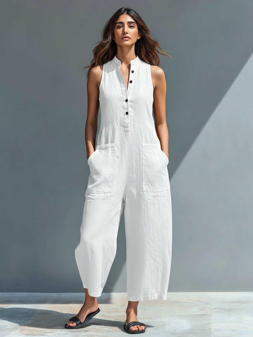 White linen-blend button jumpsuit, sleeveless V-neck with front pockets