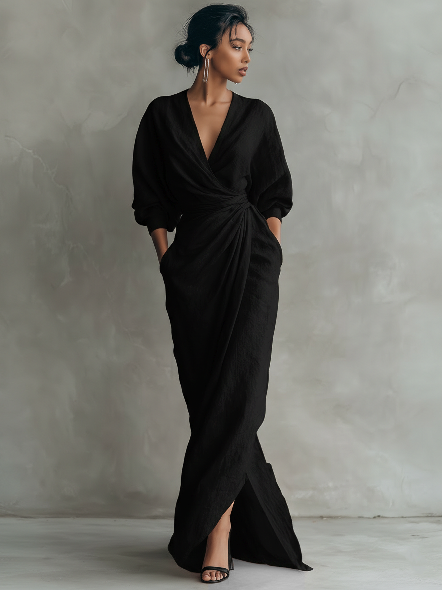 Women’s V-Neck Linen Blend Maxi Dress
