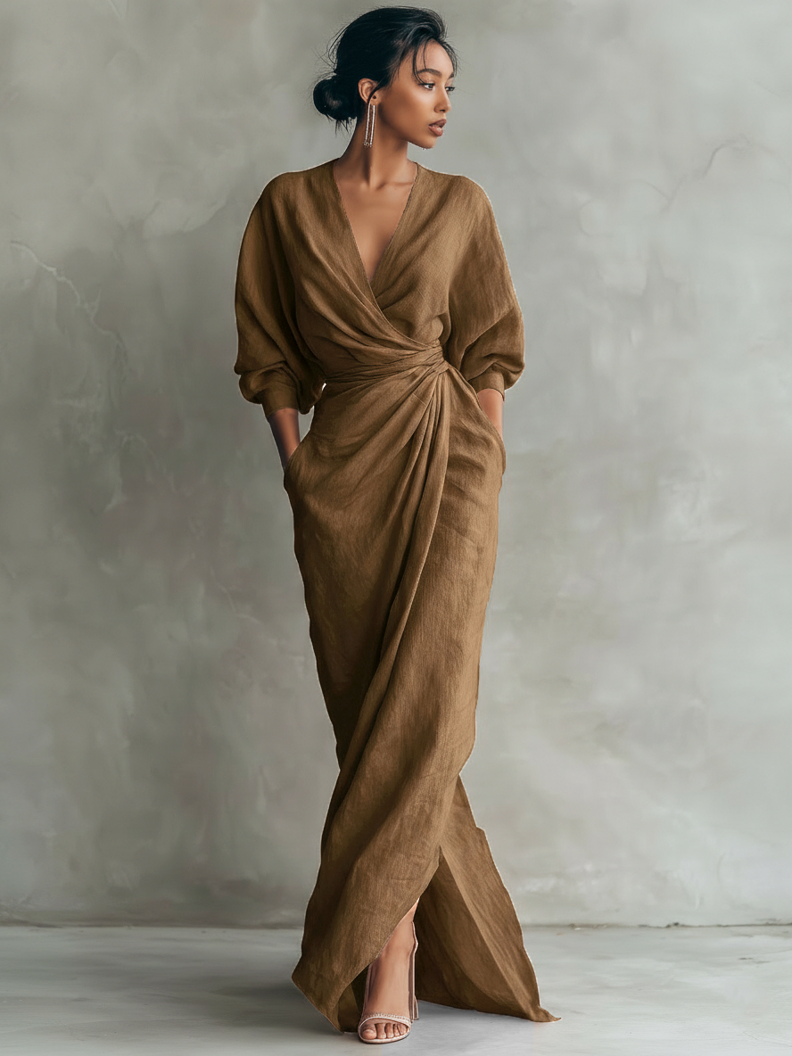 Women’s V-Neck Linen Blend Maxi Dress