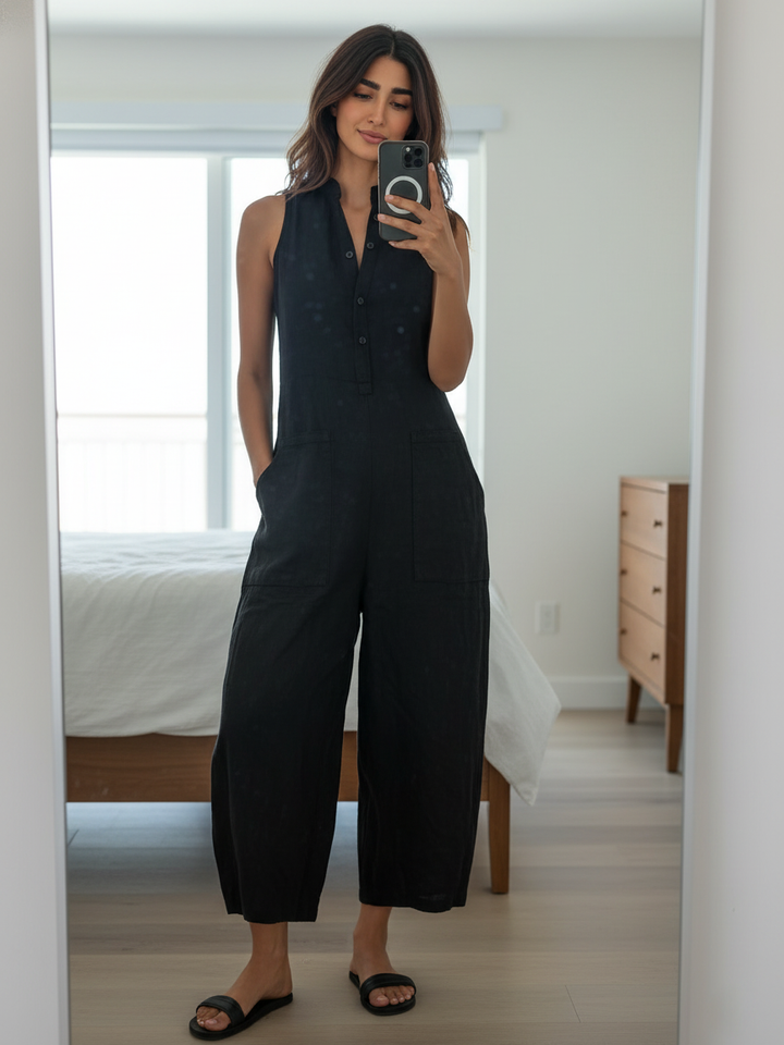 Black linen-blend button jumpsuit, sleeveless bodice and wide ankle-length legs