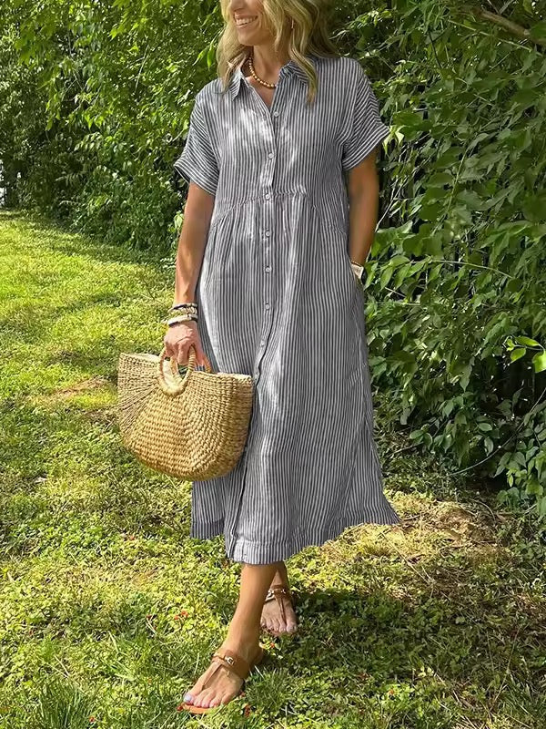 Grey striped maxi dress with button front, gathered waist, and short sleeves