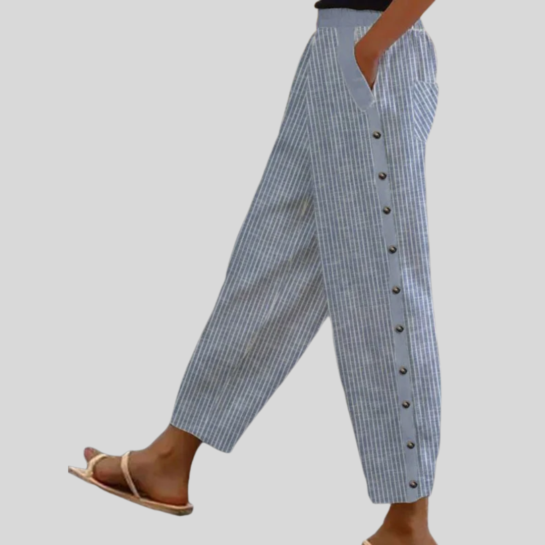 Blue striped button-front pants with cuffed hems and center button placket