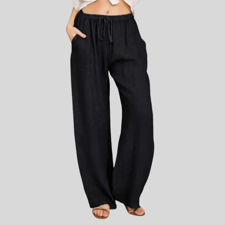 Black drawstring pants, elastic waist, relaxed wide-leg fit.