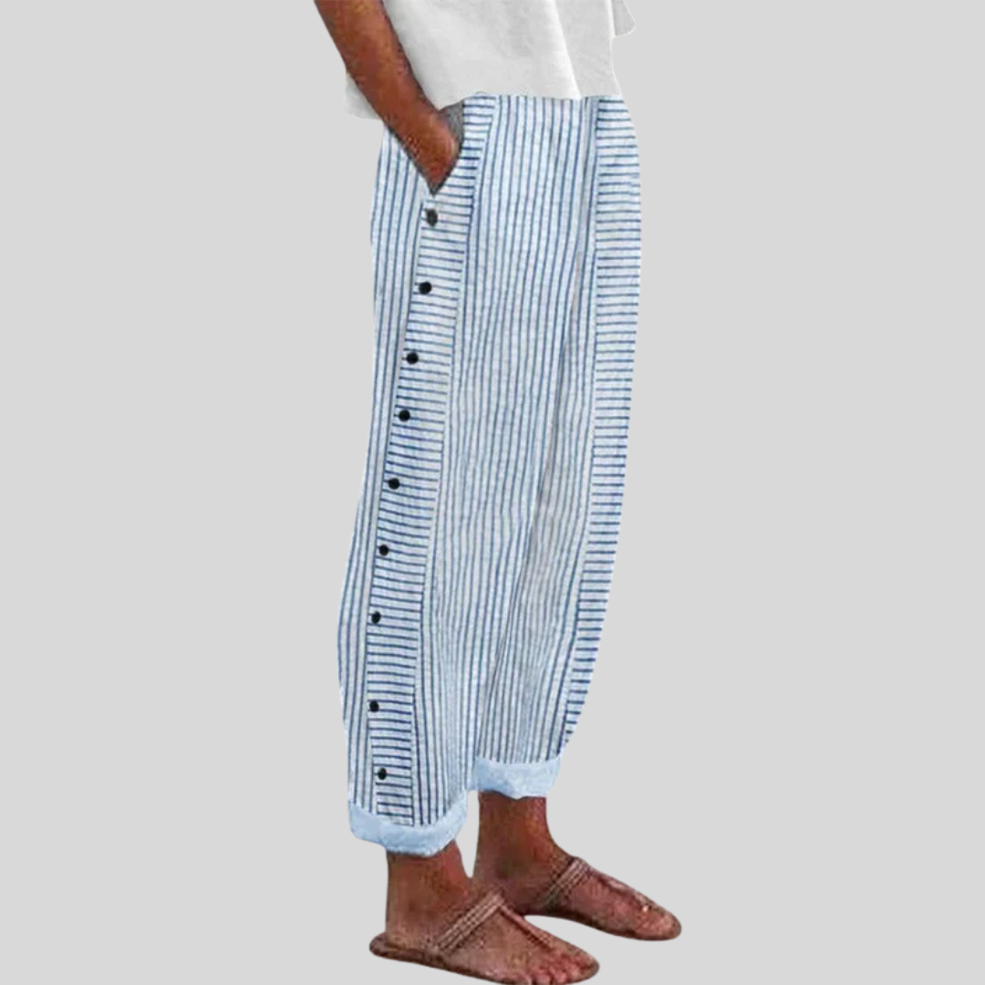 Blue striped button-front pants with side placket and relaxed tapered legs