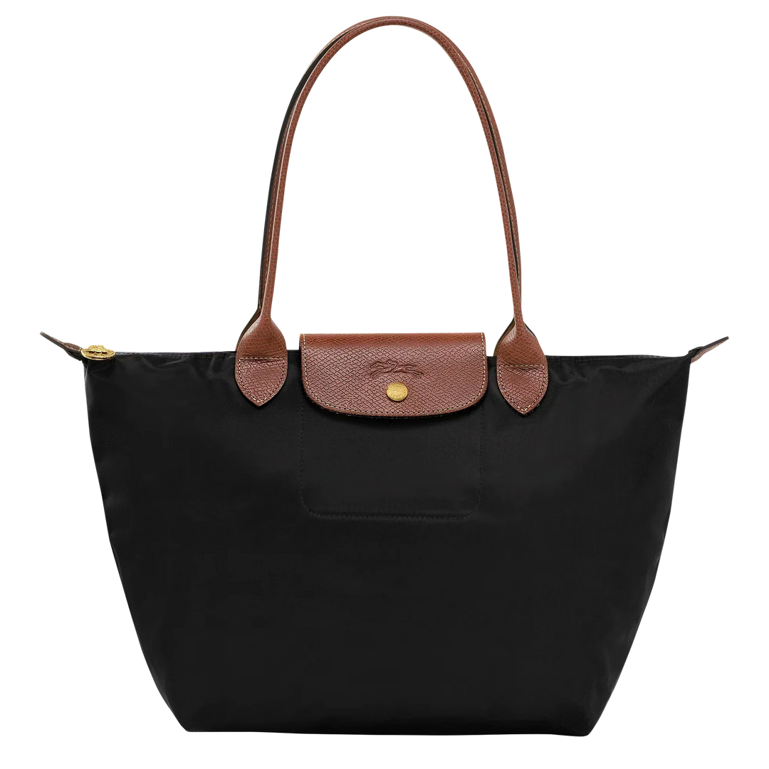 Medium nylon tote bag in black with brown leather trim and front flap pocket