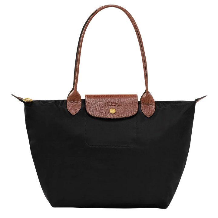 Medium nylon tote bag in black with brown leather trim and front flap pocket