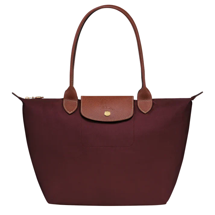 Burgundy medium nylon tote bag with top handles and front snap pocket