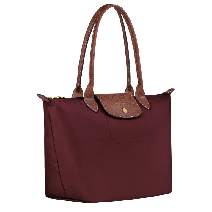 Burgundy medium nylon tote bag with long handles and front flap detail