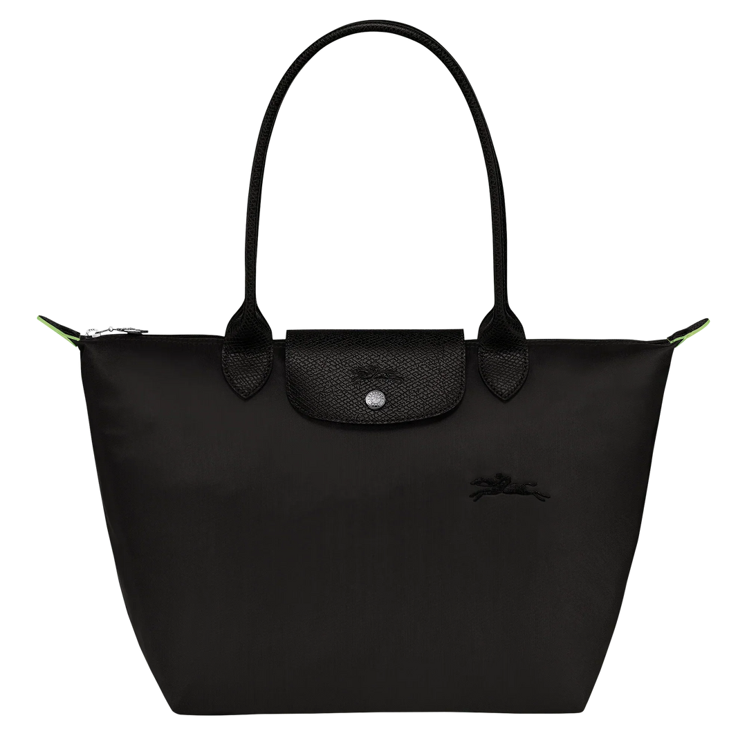 Black nylon medium tote bag with top handles, front flap pocket, and green piping accents