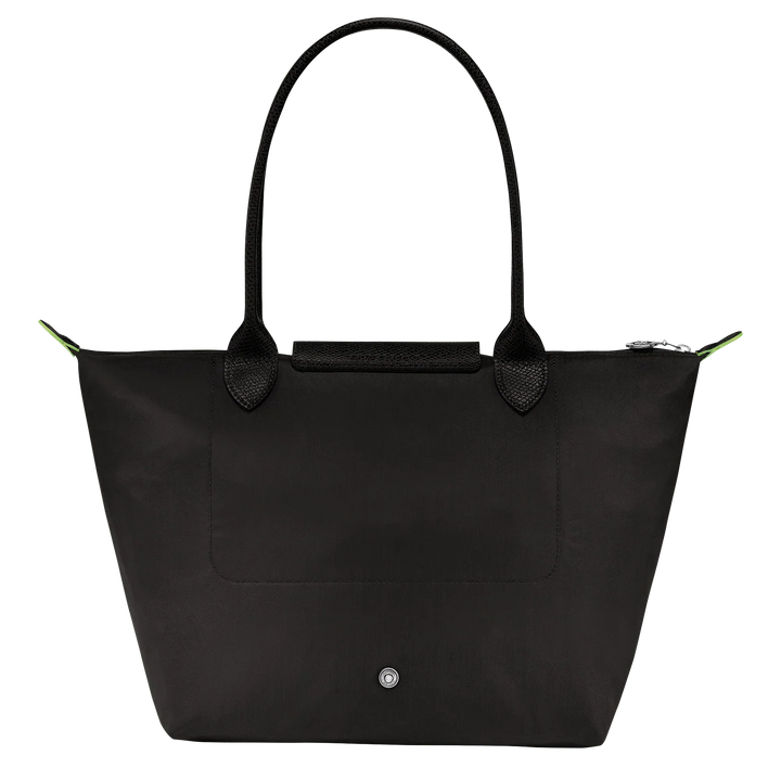 Black nylon medium tote bag with top handles, front pocket panel, and snap button