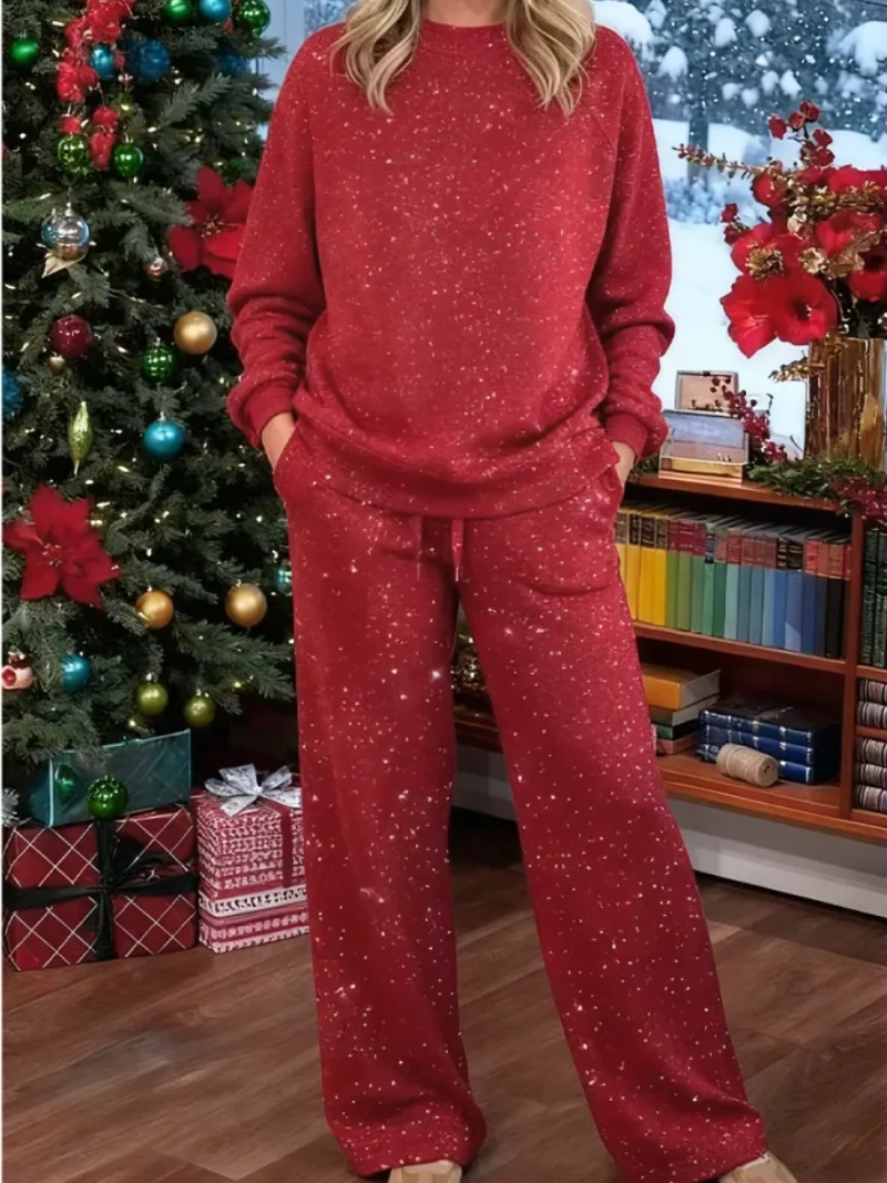 Red speckled lounge set: long-sleeve sweatshirt and wide-leg drawstring pants