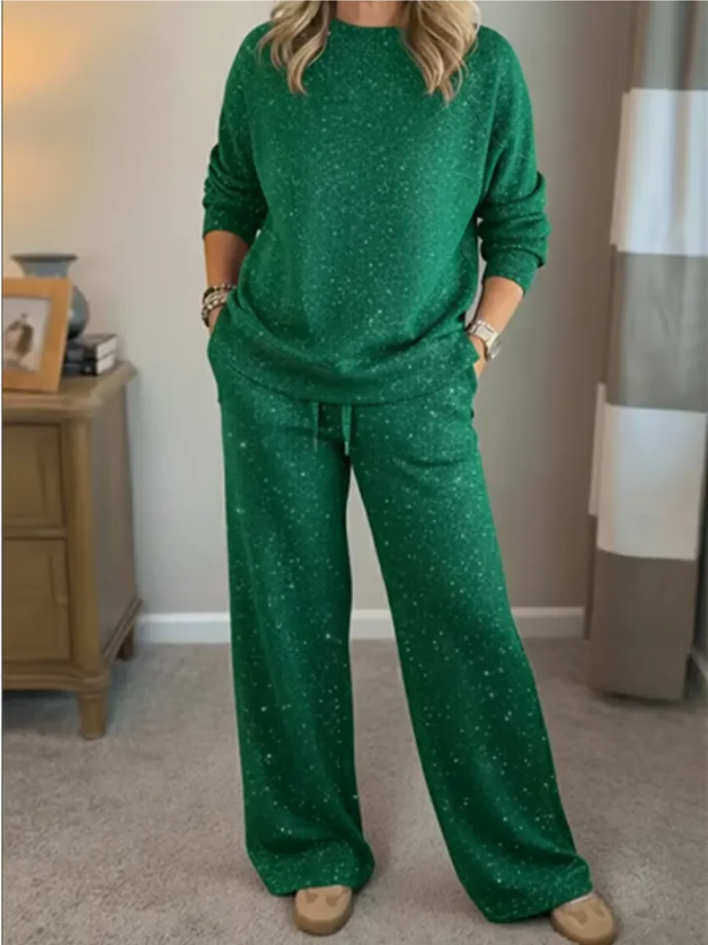 Green speckled lounge set: long-sleeve sweatshirt and wide-leg drawstring pants