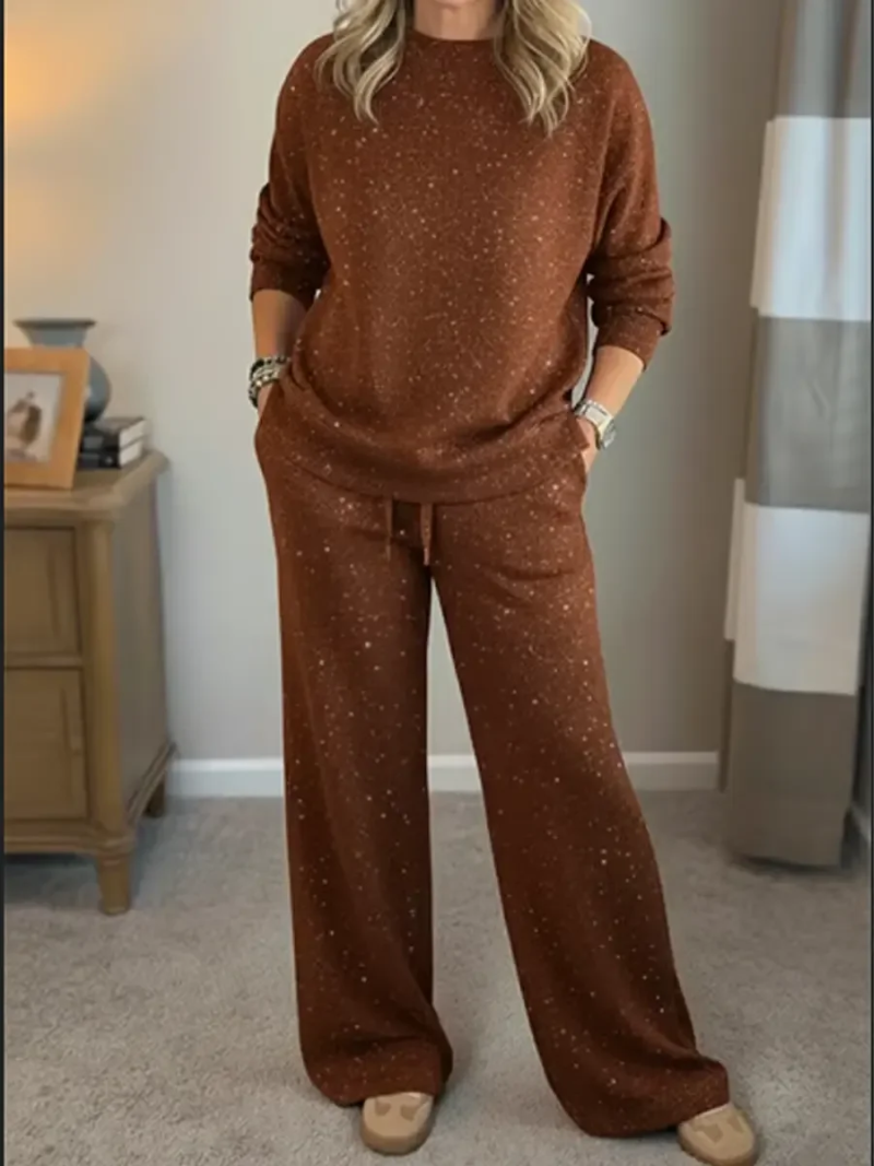Brown speckled lounge set: long-sleeve sweatshirt and wide-leg drawstring pants