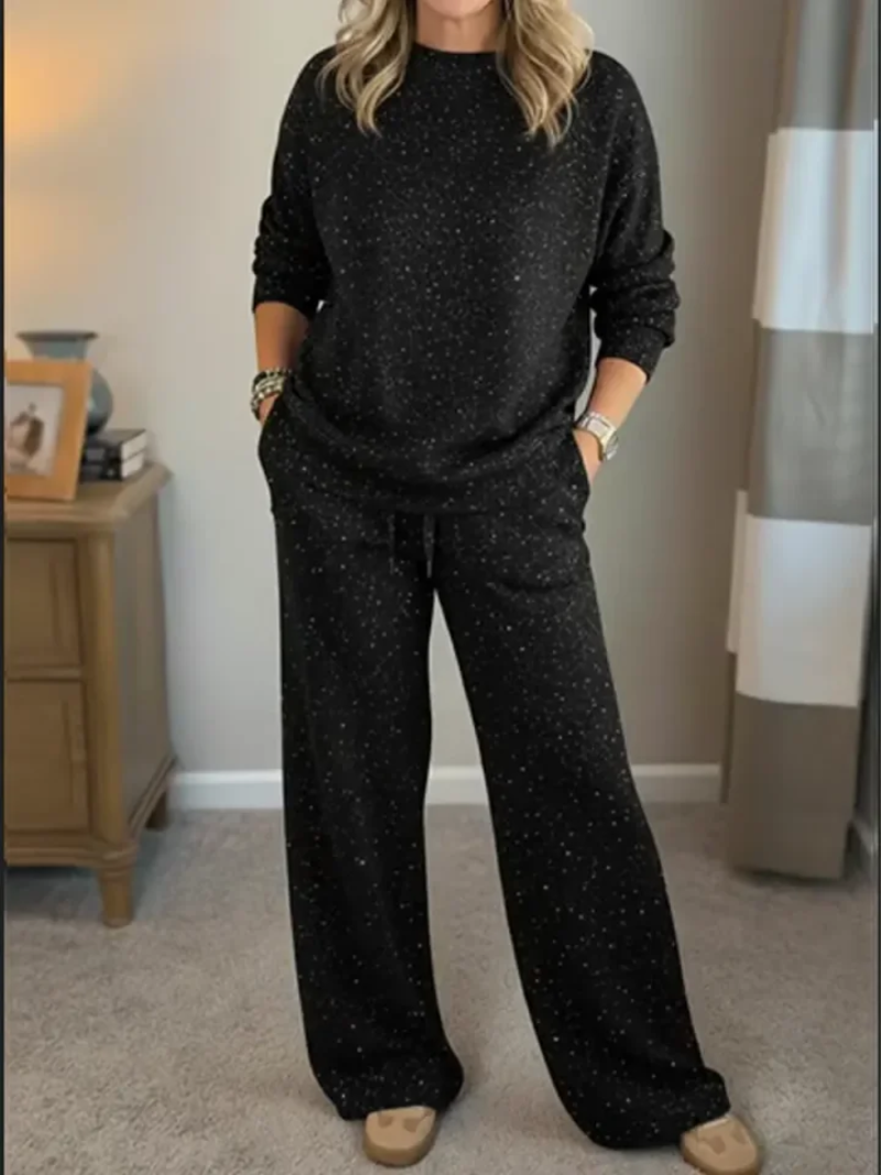 Black speckled lounge set: long-sleeve sweatshirt and wide-leg drawstring pants