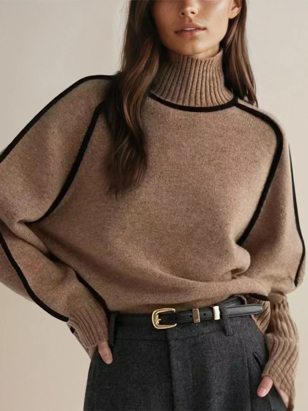 Brown luxe trim turtleneck sweater with black-trim shoulder panels and ribbed details