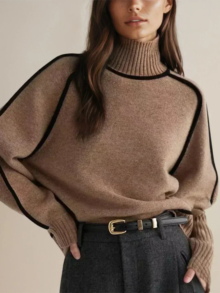 Brown luxe trim turtleneck sweater with black-trim shoulder panels and ribbed details