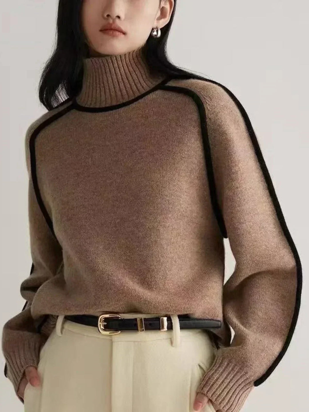 Brown luxe trim turtleneck sweater with ribbed turtleneck and cuffs
