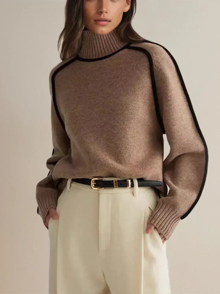 Brown luxe trim turtleneck sweater with ribbed neck, cuffs, and hem