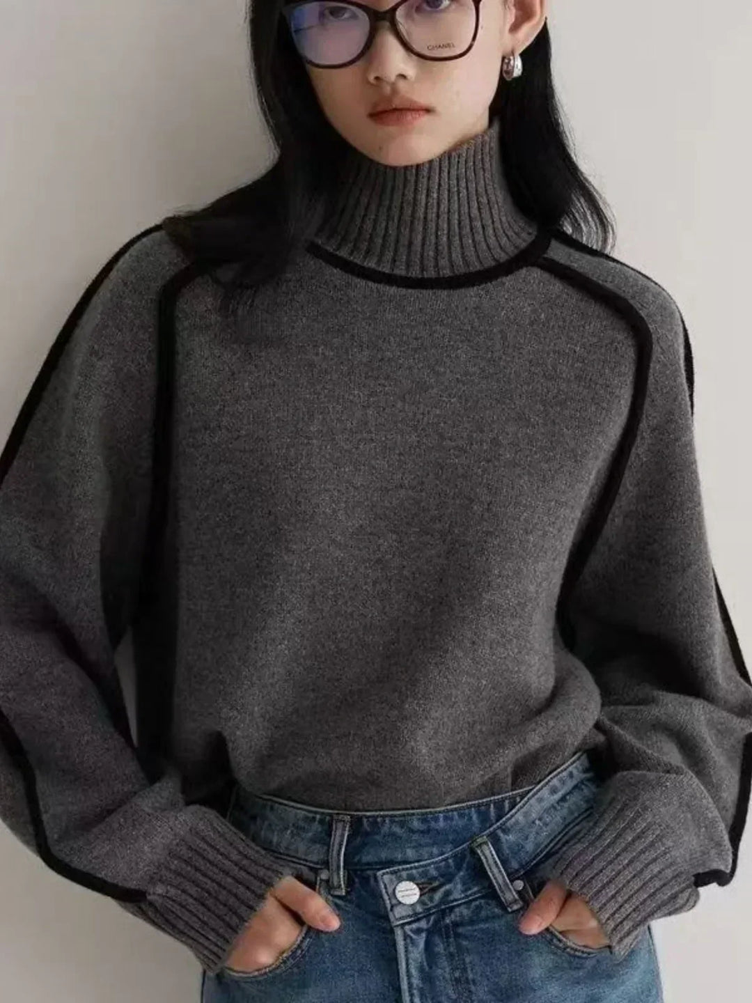 Dark gray luxe trim turtleneck sweater with ribbed turtleneck and hem trim