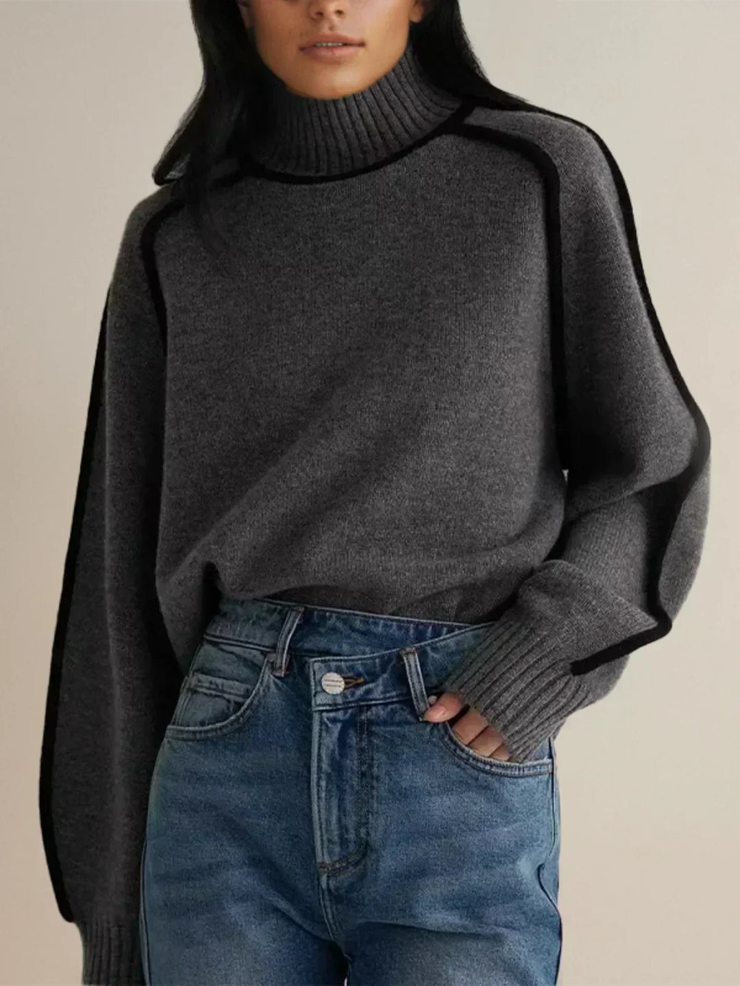 Dark gray luxe trim turtleneck sweater with ribbed collar and extended sleeves