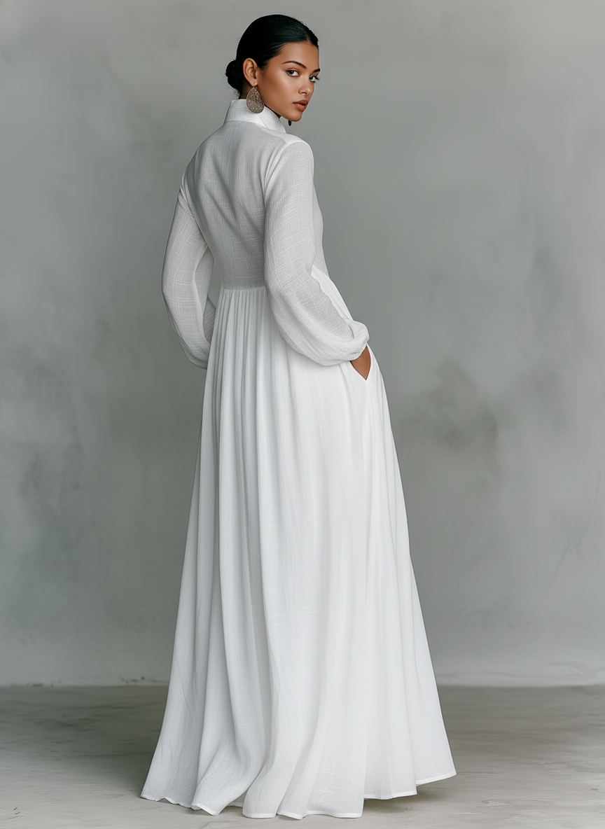 Women’s cotton-linen button maxi dress, side view, long sleeves, V-neck, white