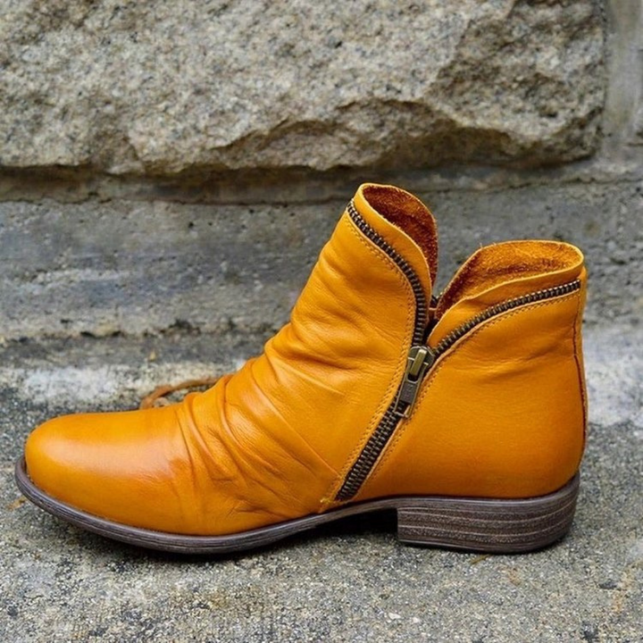Yellow side-zip ankle boots with low stacked heel and silver zipper hardware