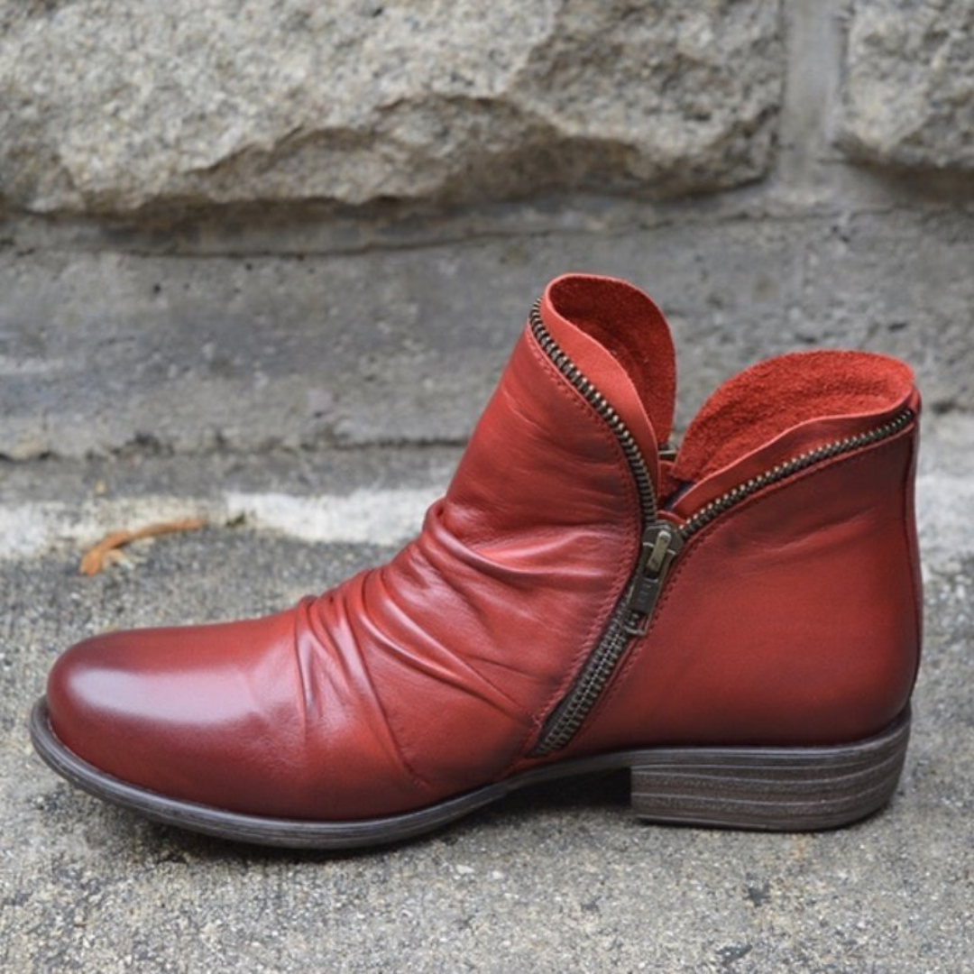 Red side-zip ankle boots with low stacked heel and silver zipper hardware