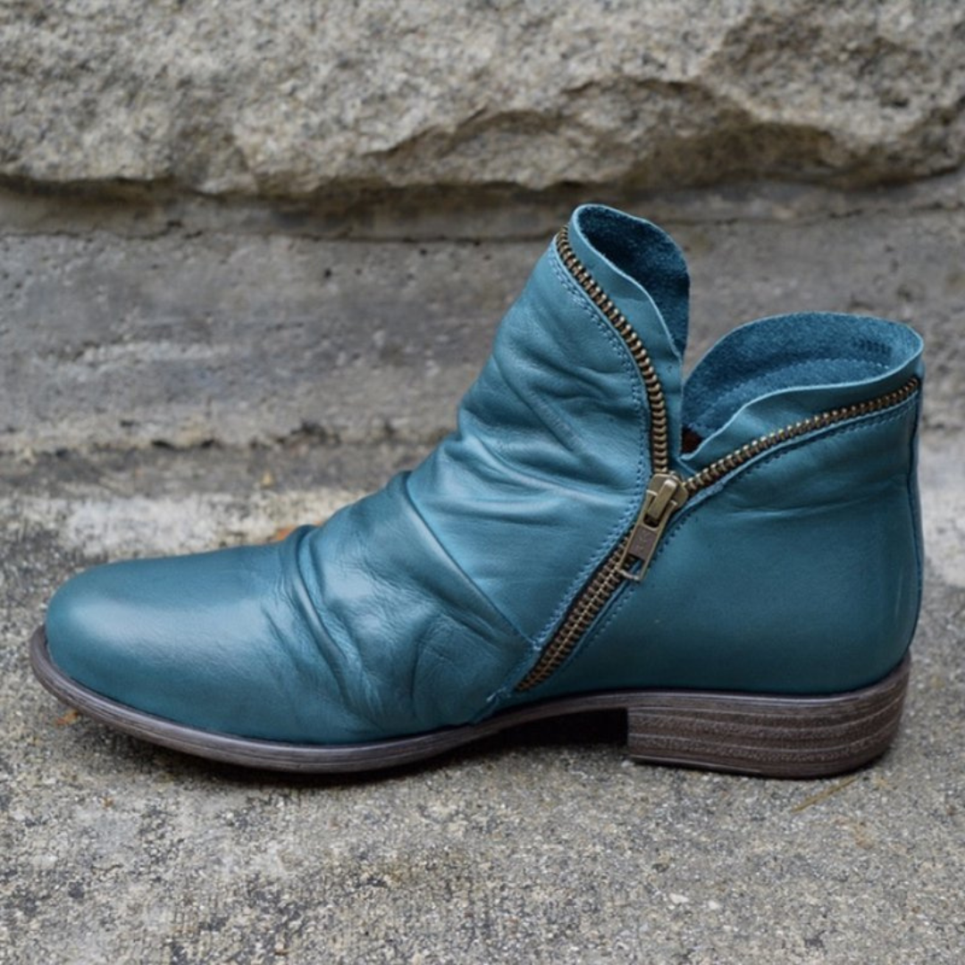 Blue side-zip ankle boots with low stacked heel and silver zipper hardware