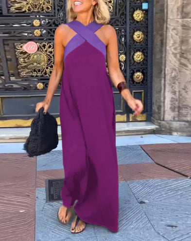Maxi dress with crossed cut-out straps, sleeveless, deep purple