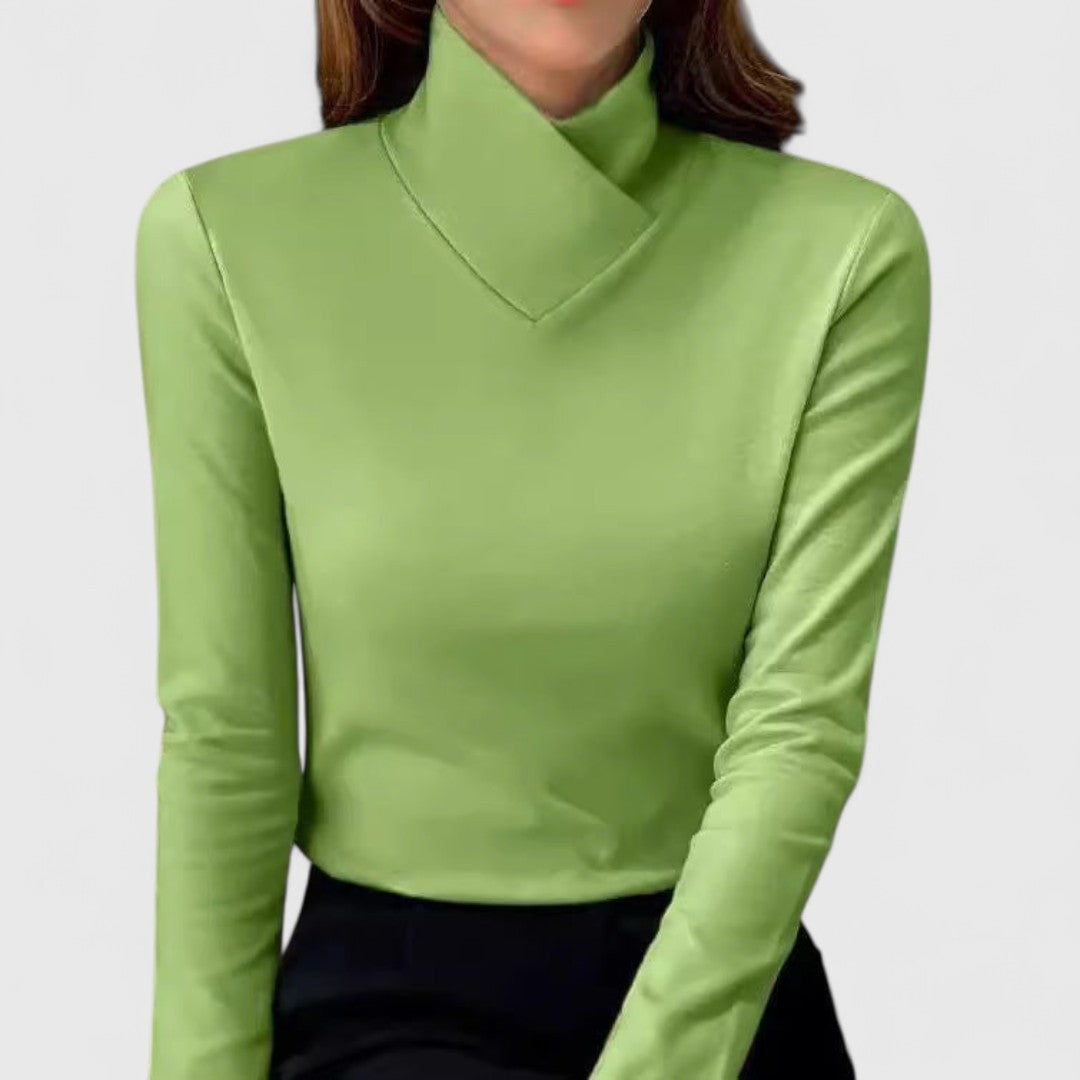 Green long-sleeve asymmetrical collar top with V neckline