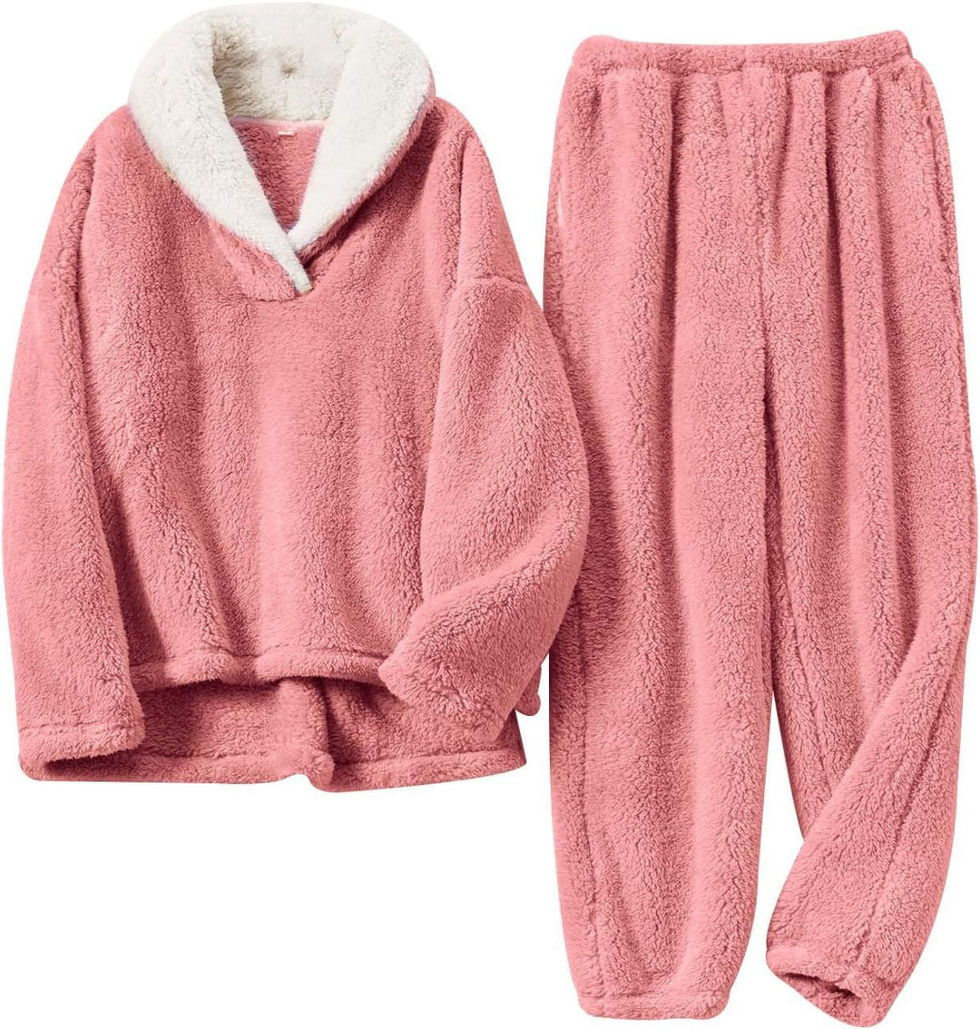 Plush cozy set in pink: hooded pullover top with white sherpa collar and matching pants