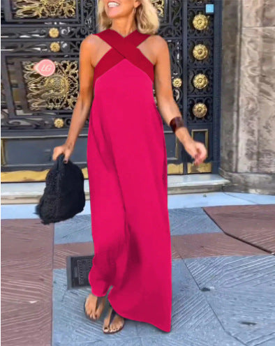 Maxi dress with crossed cut-out straps, sleeveless, rose pink