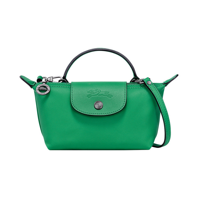 Mini leather Longchamp bag in green, top handle and crossbody strap, front flap
