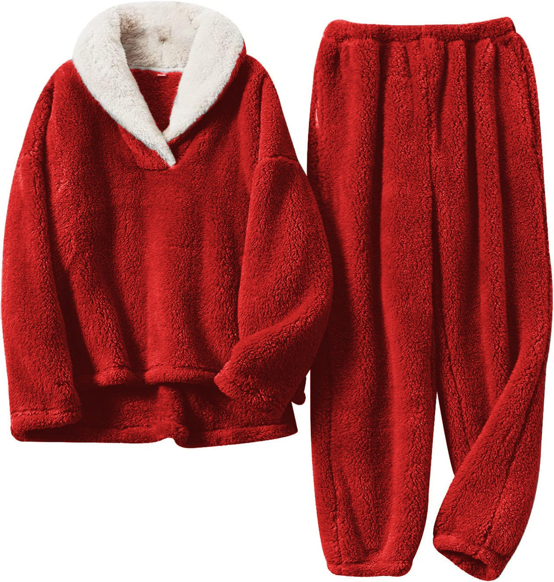 Plush cozy set in red: hooded pullover top with white sherpa collar and matching pants