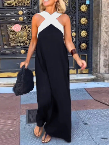 Maxi dress with crossed cut-out straps, sleeveless, black with white contrast