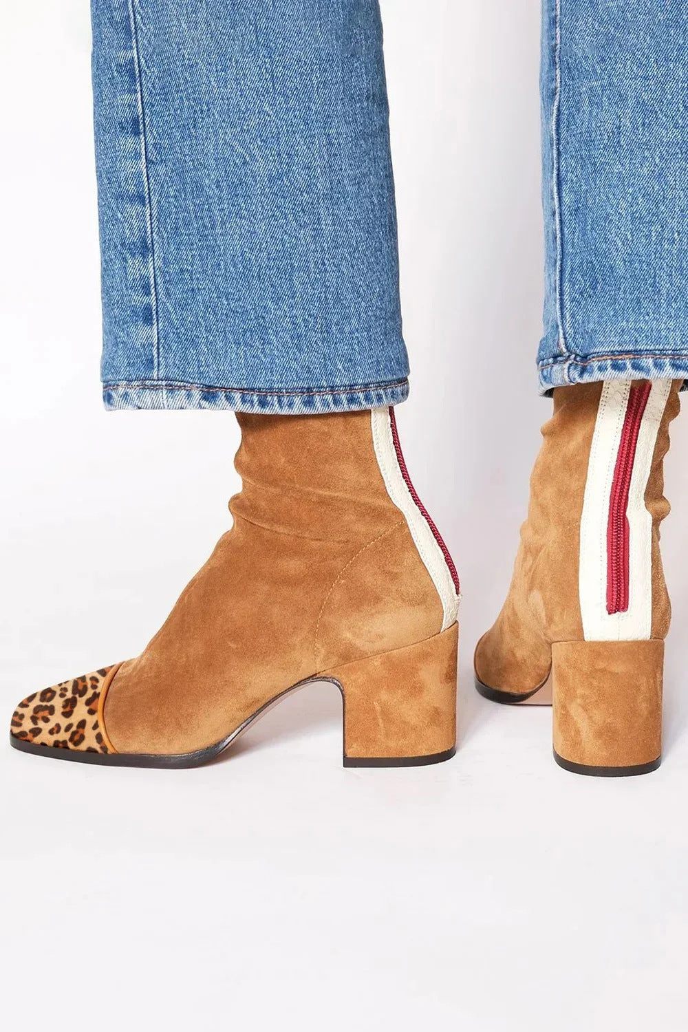 Suede block heel ankle boots in tan with leopard print toe and side zipper detail